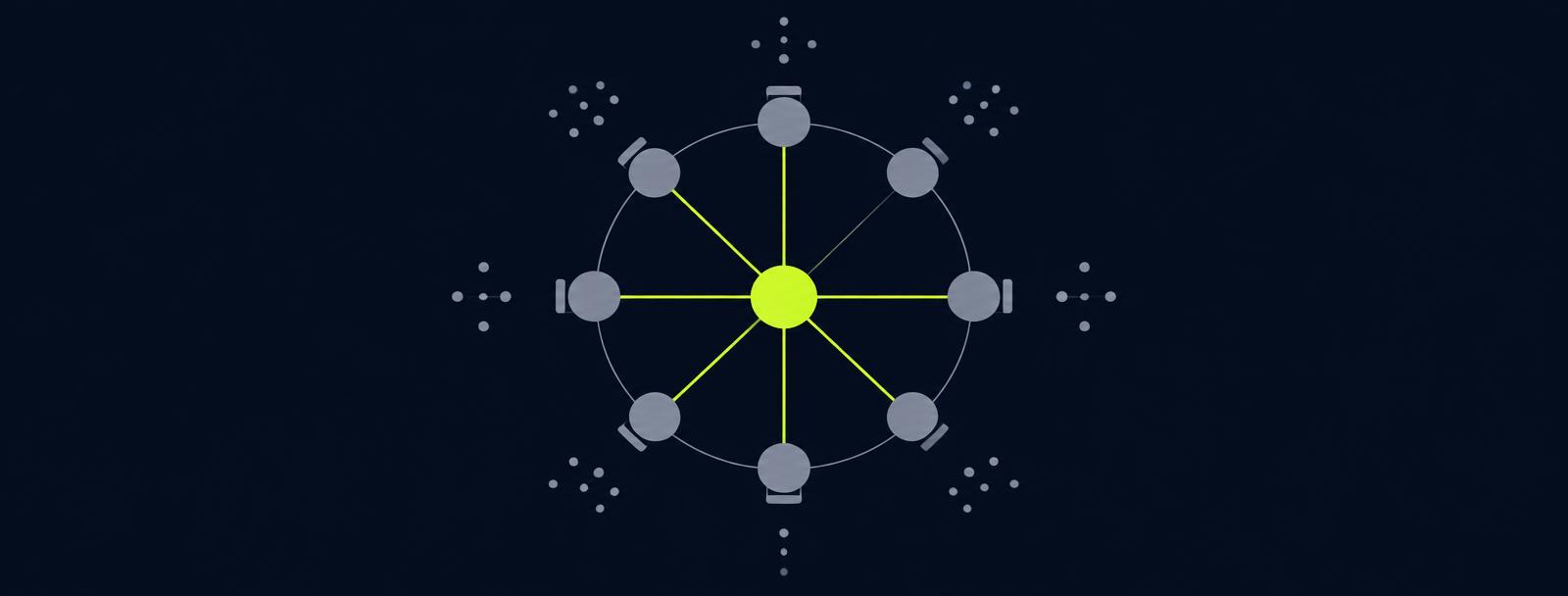 A governed roundtable: participant seats arranged in a ring around one lime core of shared operating context